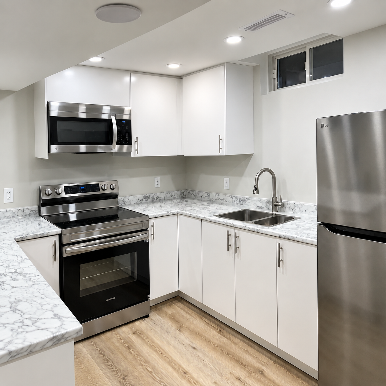 Modern minimalist white kitchen by AMA Renovations